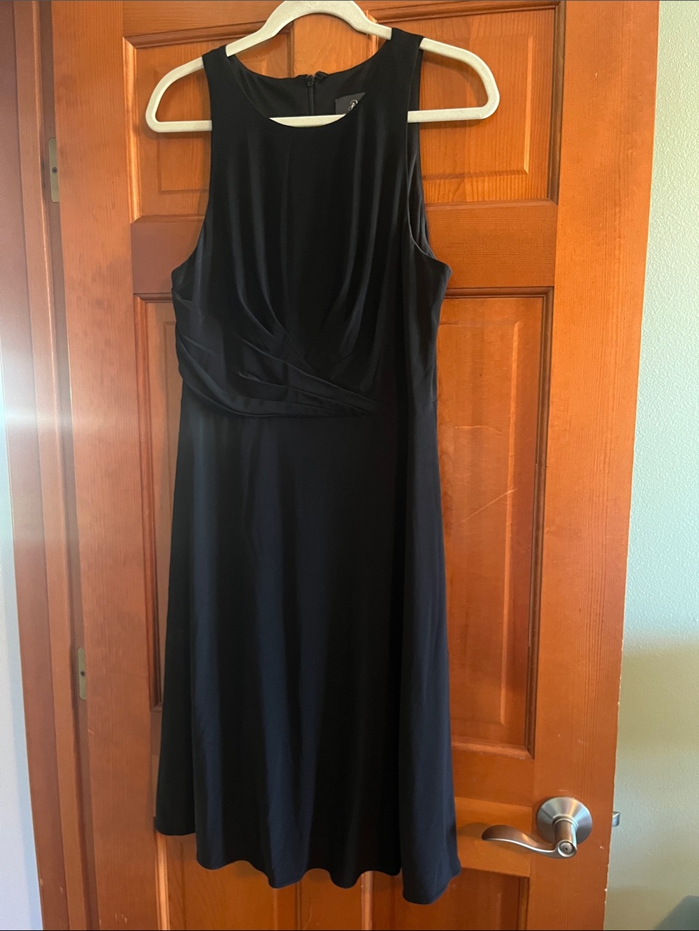 Adrianna Papell Black Sleeveless Midi Dress with Draped Waist